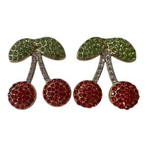 Cherry on Top Rhinestone Gold Toned Red and Green Pierced Earrings